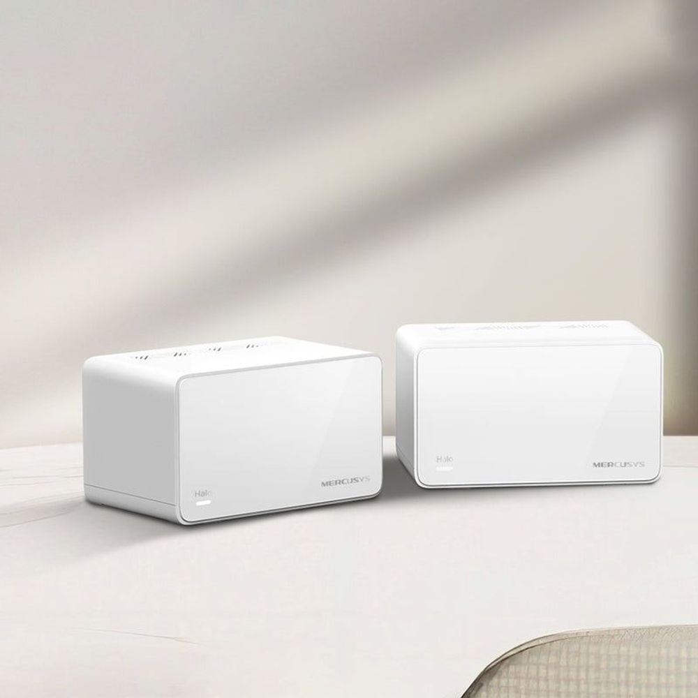 Two white Mercusys mesh Wi-Fi 6 routers, side-by-side