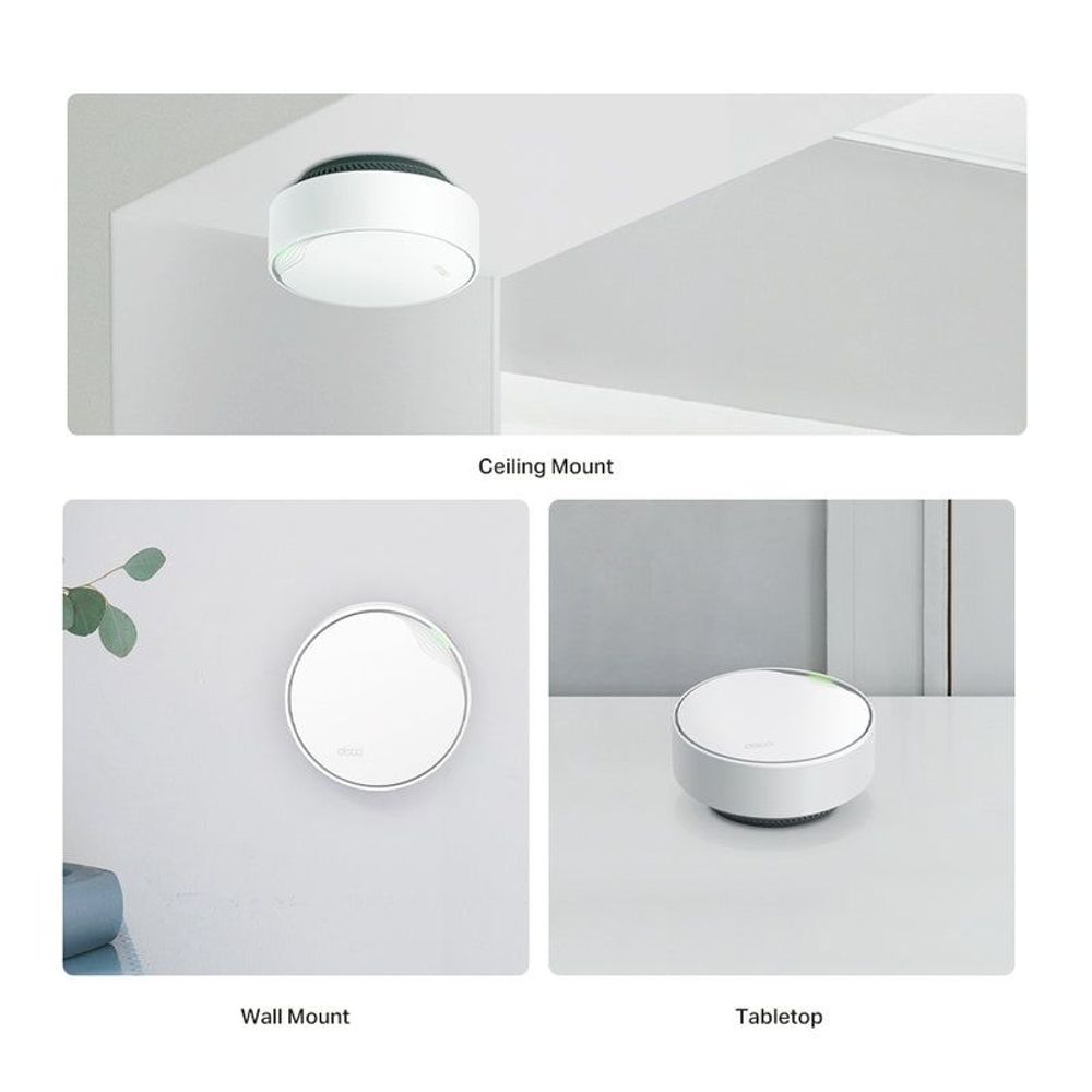 TP-Link Deco X50-POE mesh router shown for ceiling, wall, and tabletop mounting