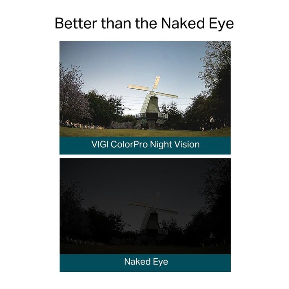 VIGI ColorPro night vision comparison graphic: day scene vs darker night view