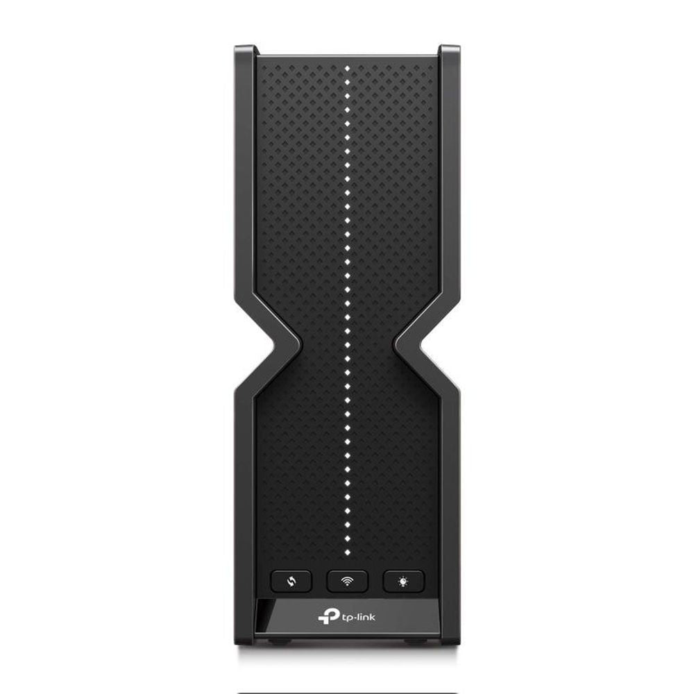 Black TP-Link Wi‑Fi 7 router front view with dotted antenna texture and buttons.