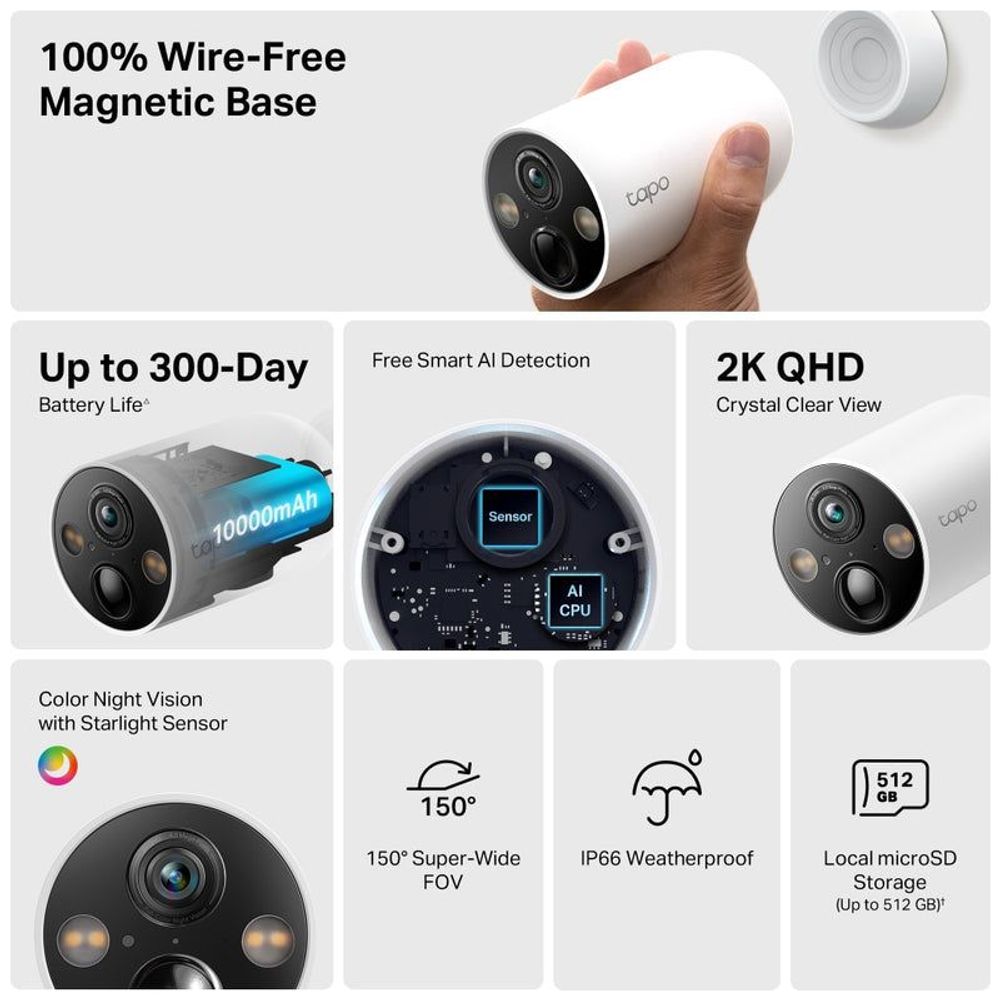 TP-Link Tapo wire-free security camera features panel: 2K QHD, IP66, microSD storage