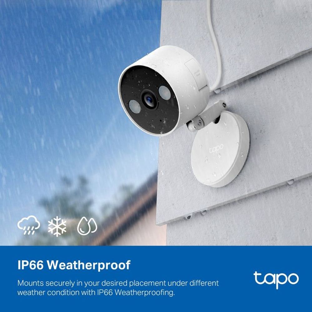 Weatherproof white outdoor Wi‑Fi security camera mounted under an exterior eave