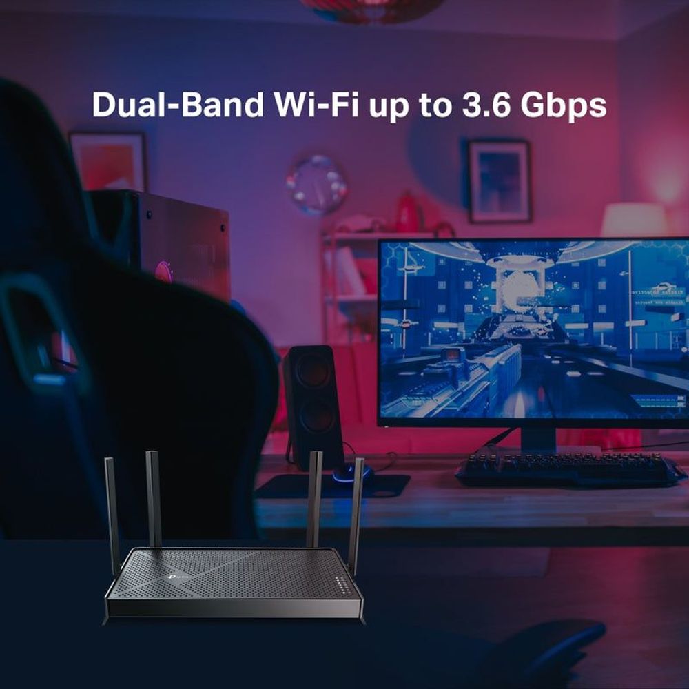 Desktop Wi-Fi router with two-tone body, perforated top, and four antennas