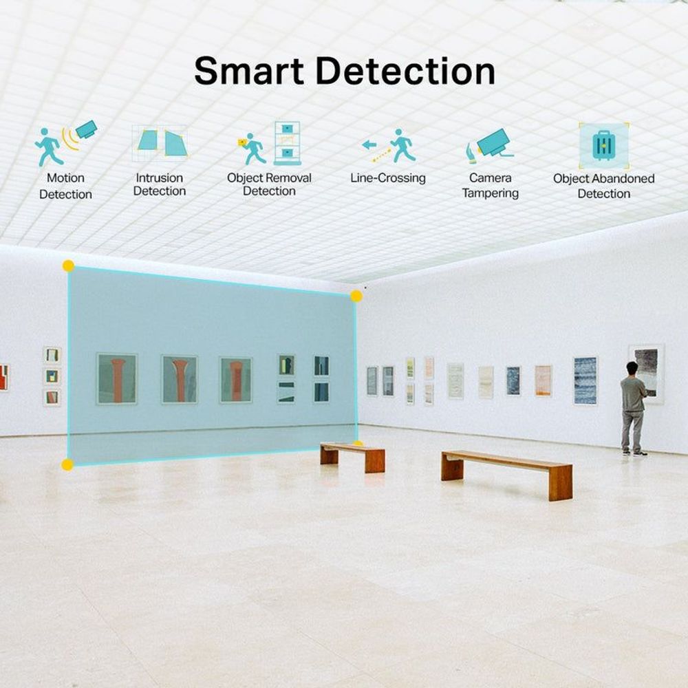 Security camera smart detection infographic with motion and object detection icons