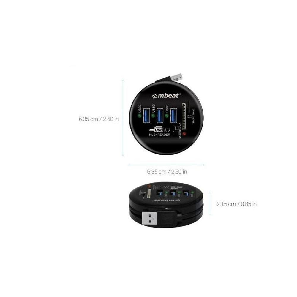 Black circular USB 3.0 hub and card reader with port panel and size diagram