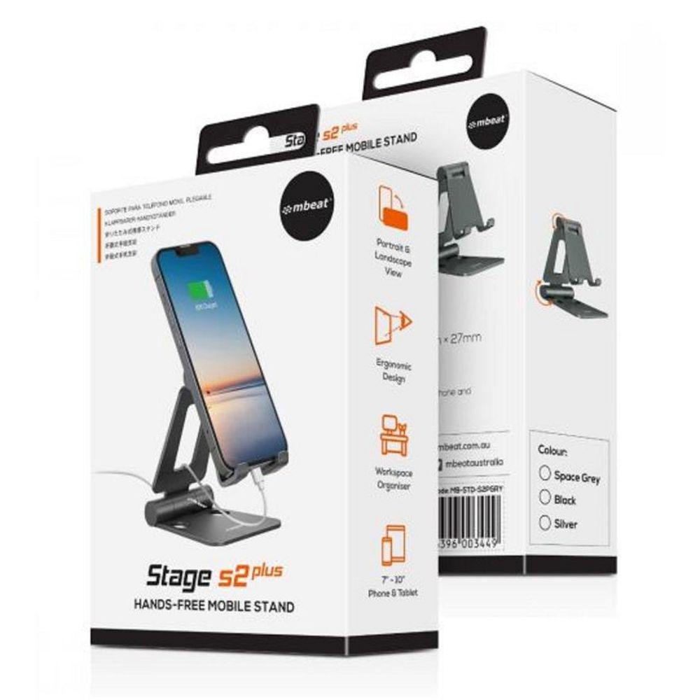 Box packaging for space grey hands-free foldable mobile stand, Stage 52 Plus