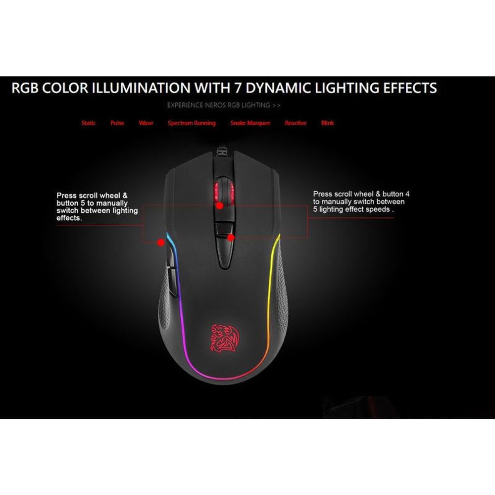 RGB optical gaming mouse with multicolor lighting effects and button guide