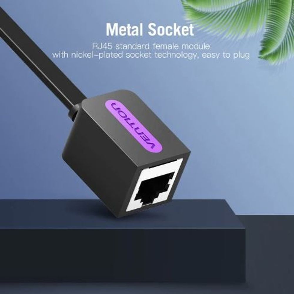 Black RJ45 female connector housing on a Cat.7 Ethernet extension cable