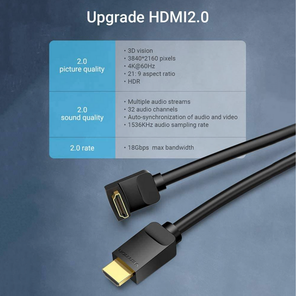 Black HDMI 2.0 right-angle cable, gold-plated ports with 270° elbow design