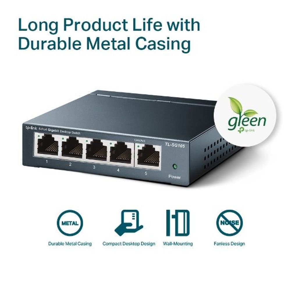 5-port Gigabit desktop Ethernet switch with durable metal casing and compact design