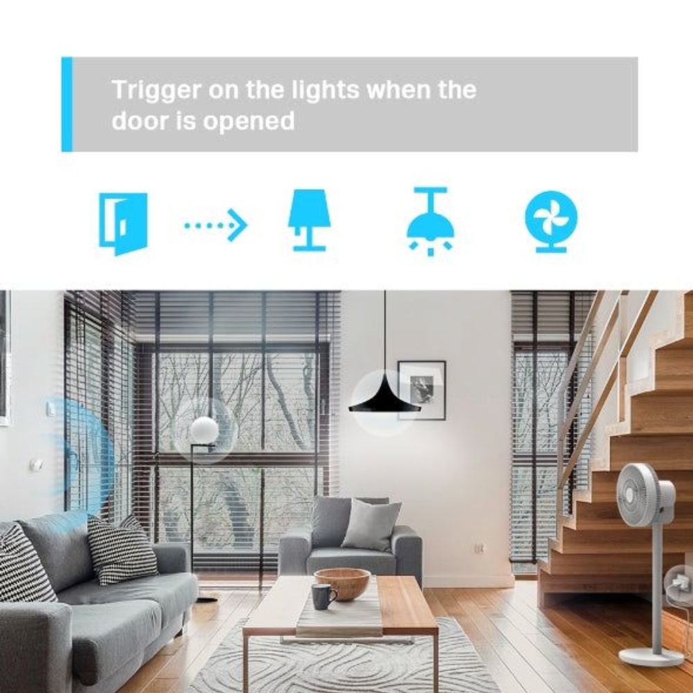 White TP-Link Tapo smart motion sensor on wall in indoor room setting