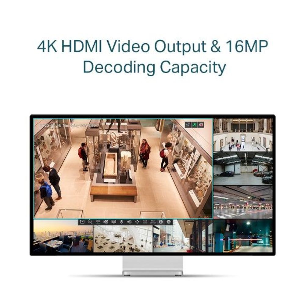 TP-Link VIGI 4-channel PoE NVR shown with a monitor displaying multi-camera views
