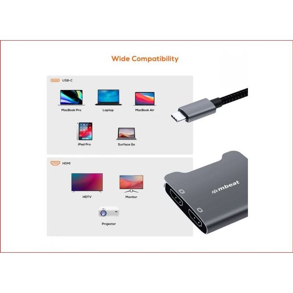 USB-C dual HDMI 4K adapter with wide compatibility diagram and braided connection cable