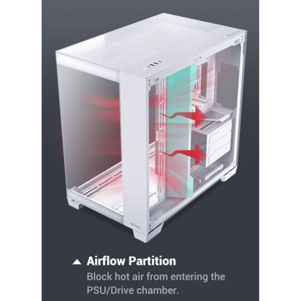 White Antec full-tower case with airflow partition blocking hot air to PSU/drive area