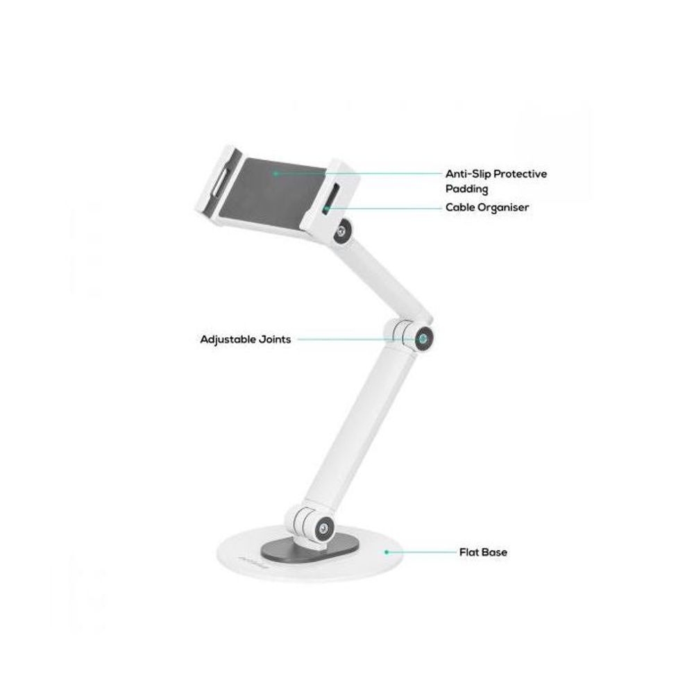 White tablet stand with anti-slip protective pad and cable organizer
