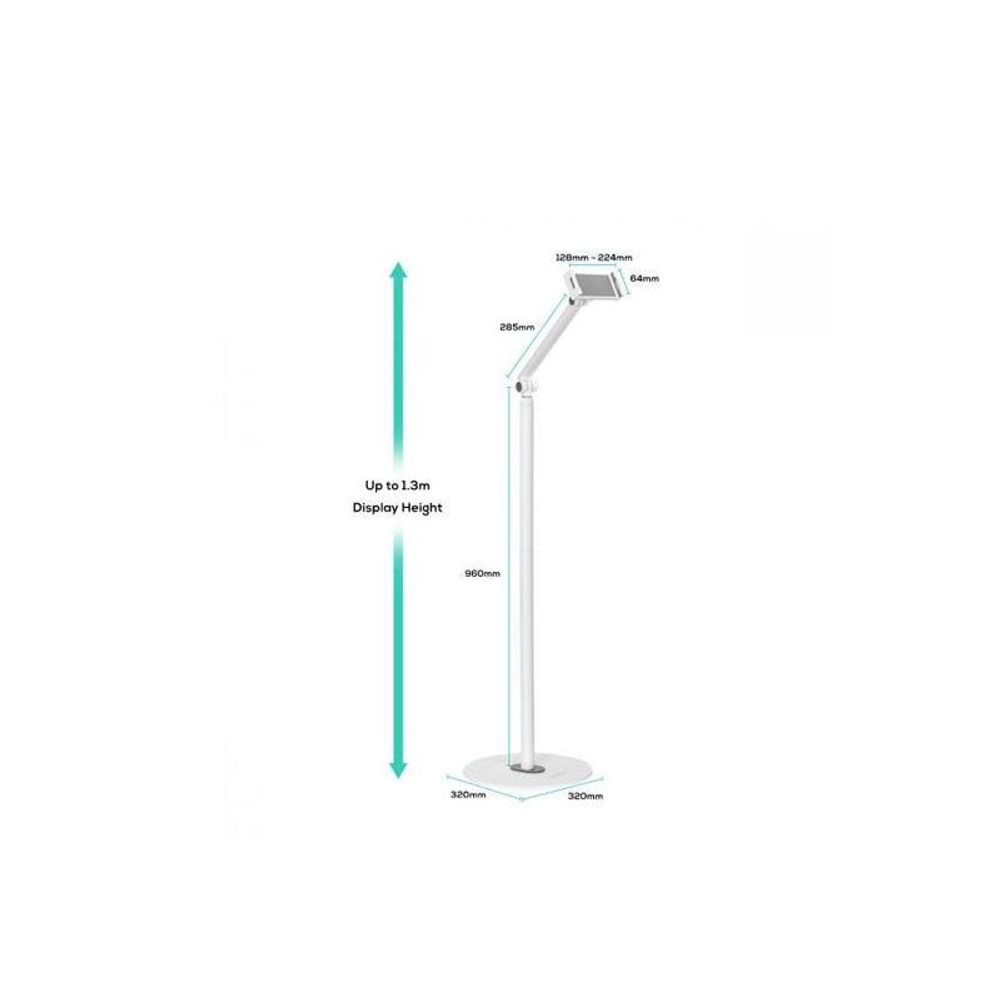White floor stand dimension diagram with up to 1.3m display height