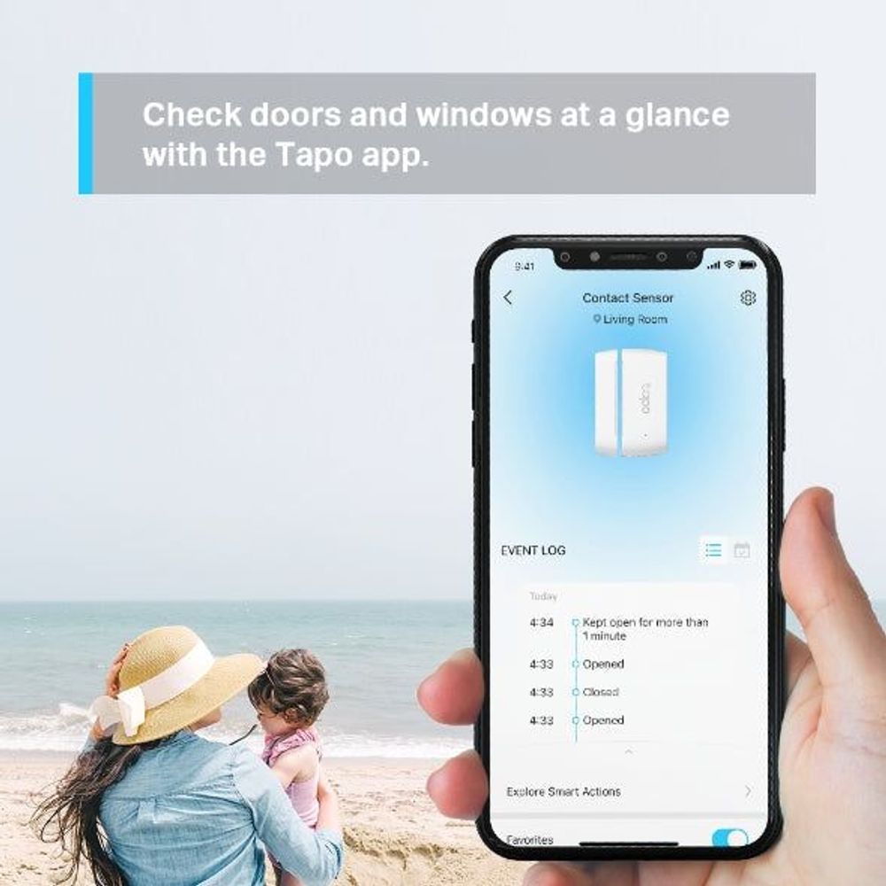 TP-Link Tapo T110 smart contact sensor with smartphone app showing sensor status