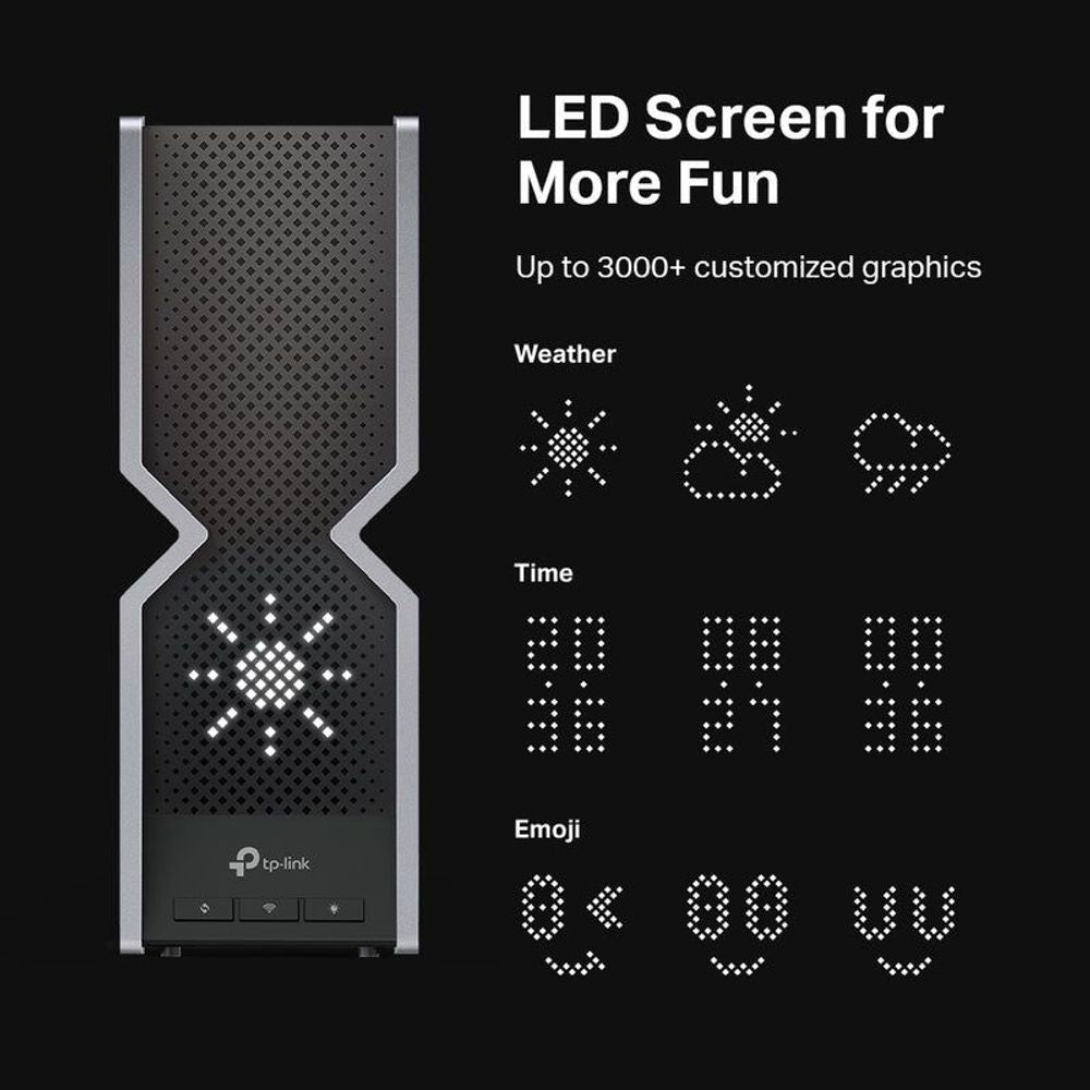 TP-Link Wi‑Fi 7 router front with perforated panel and LED screen icons