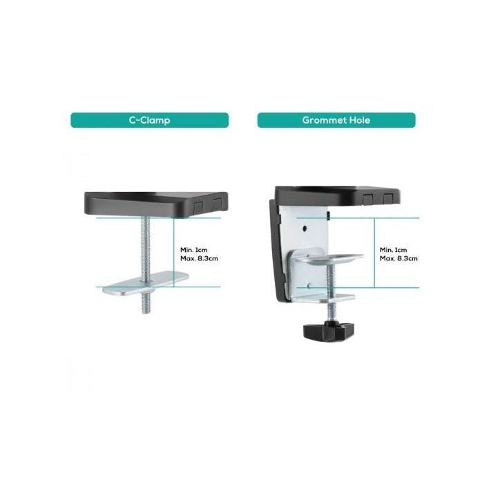 Desk mount diagram for monitor arm: C-clamp and grommet hole options, black