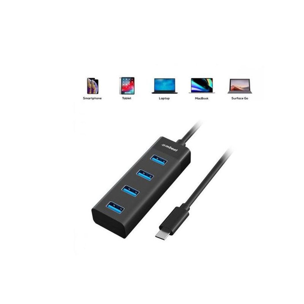 Black mbeat USB-C 4-port hub with four blue USB-A ports and USB-C connector