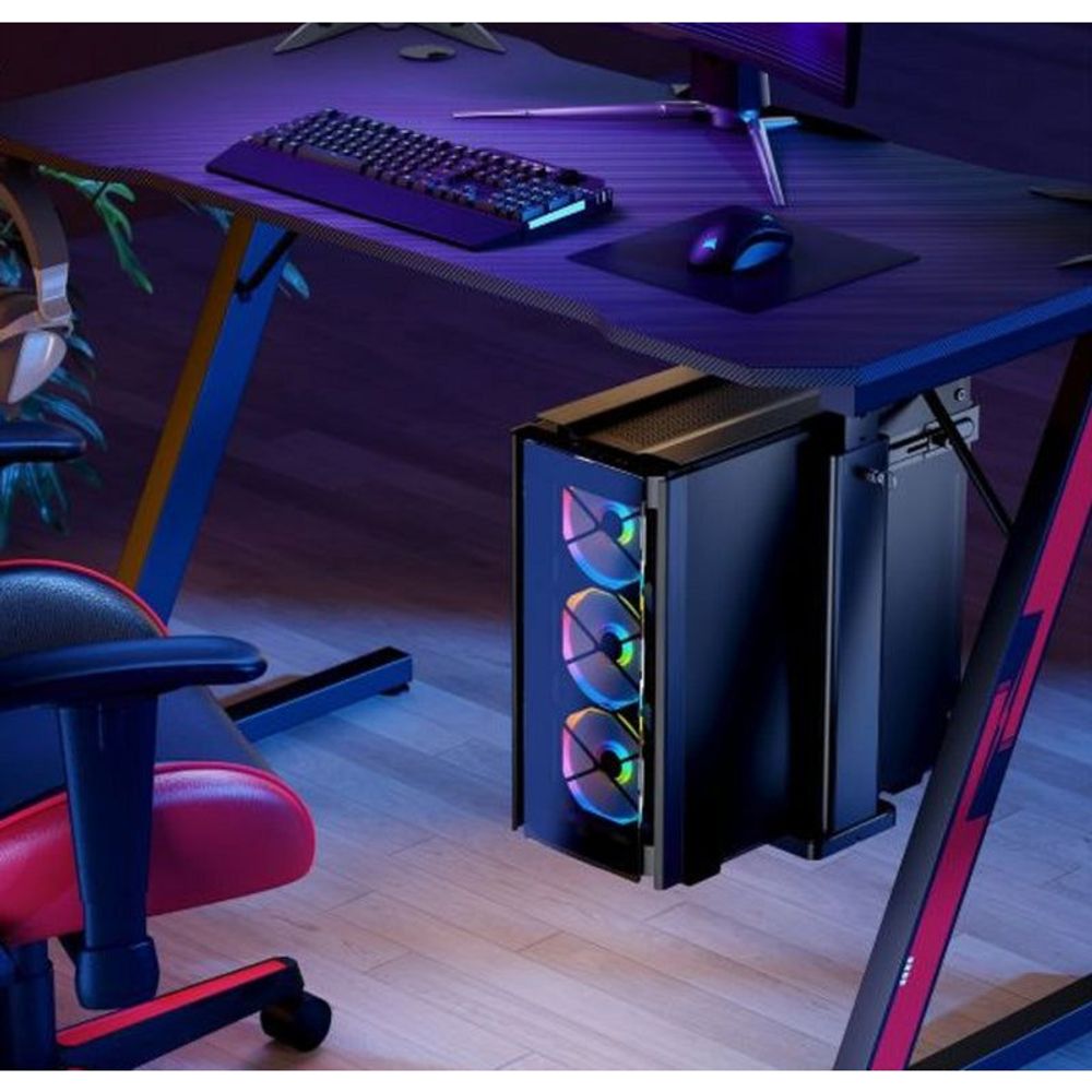 Black desktop PC mounted under a gaming desk with glowing RGB cooling fans