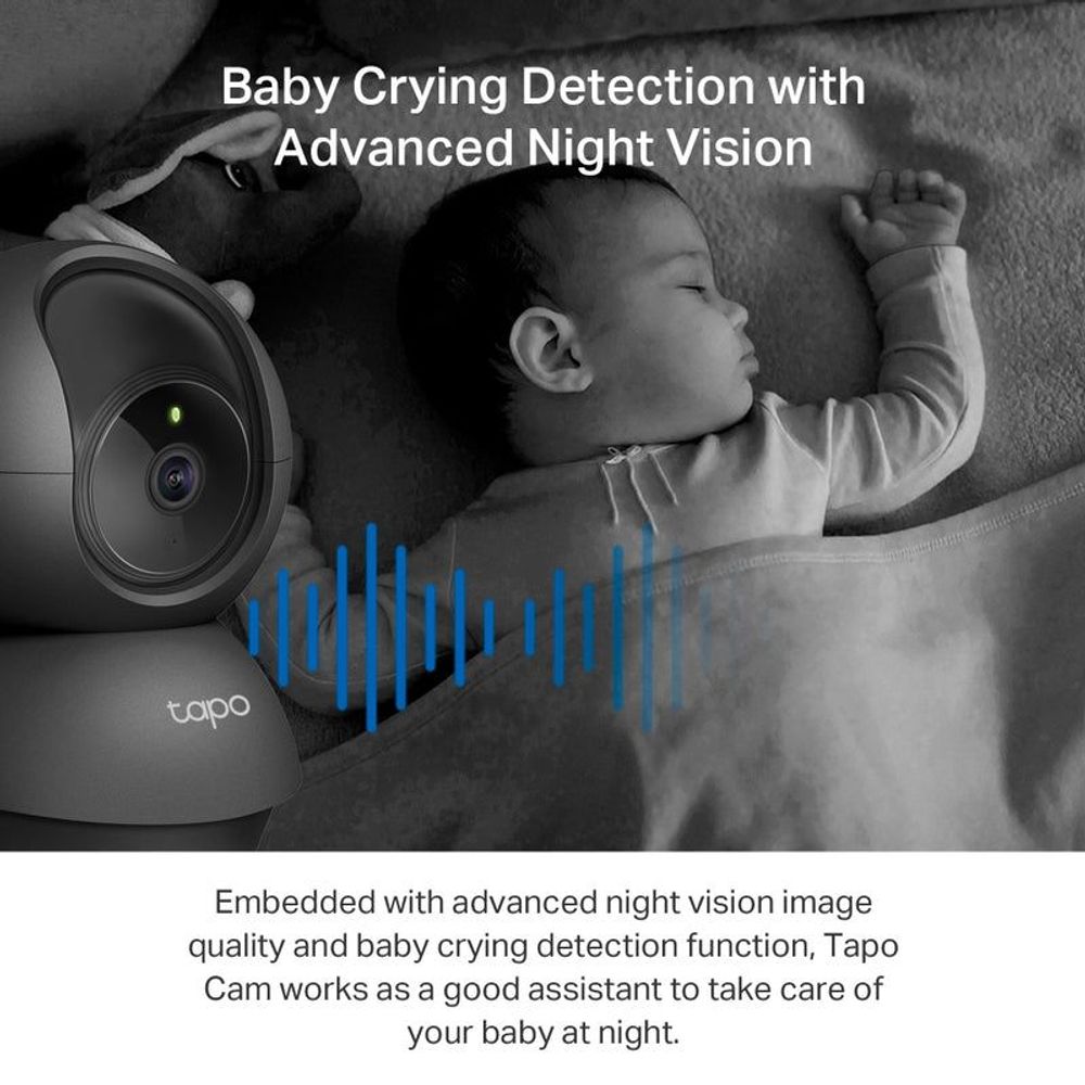 Black indoor security camera with night-vision baby scene and sound level bars
