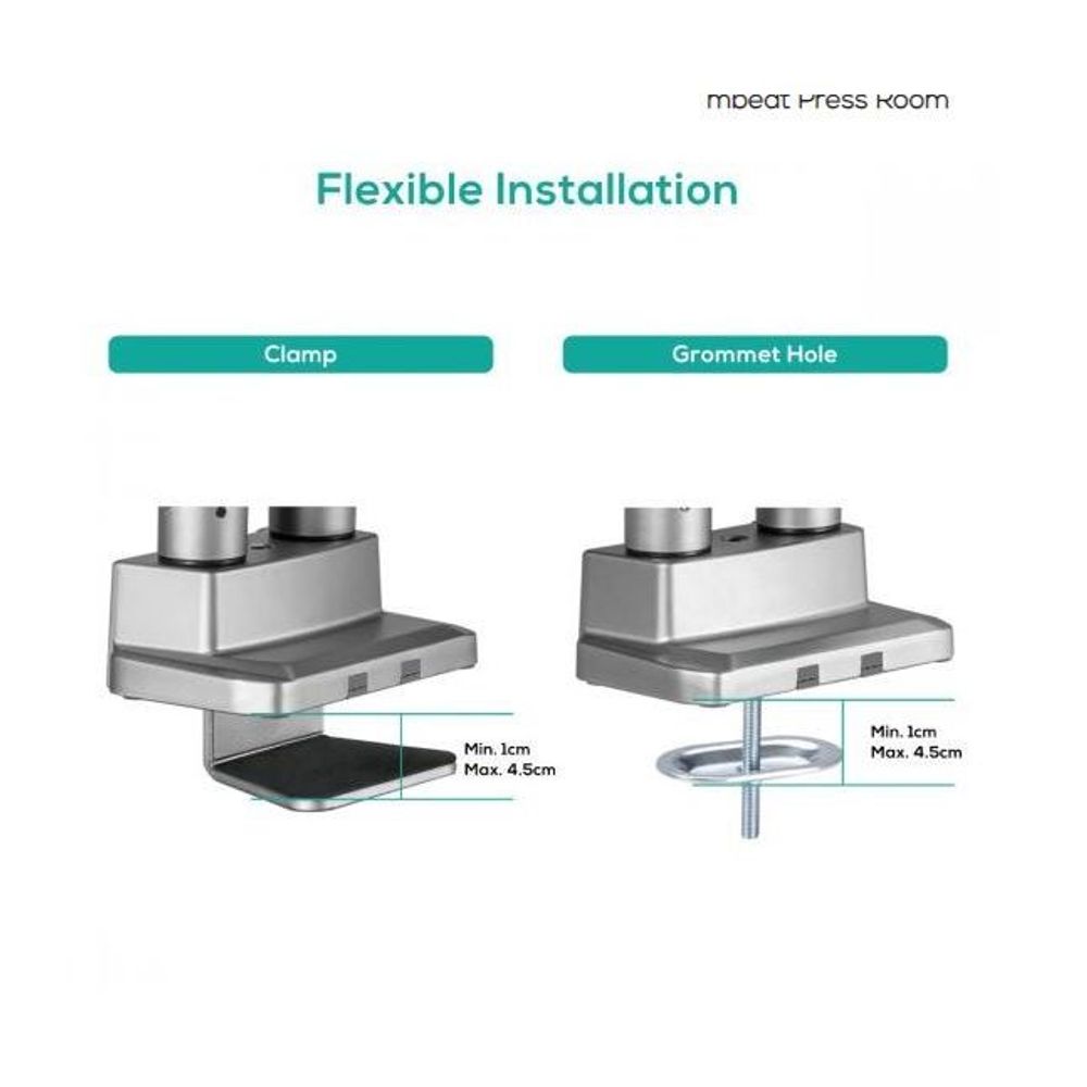 Dual monitor arm desktop clamp and grommet installation base, adjustable clearance