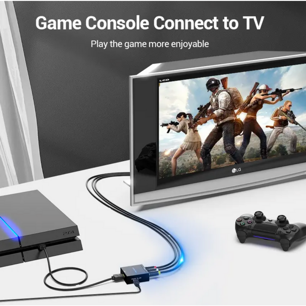 Black HDMI to RCA converter setup for game console to TV with connected cables