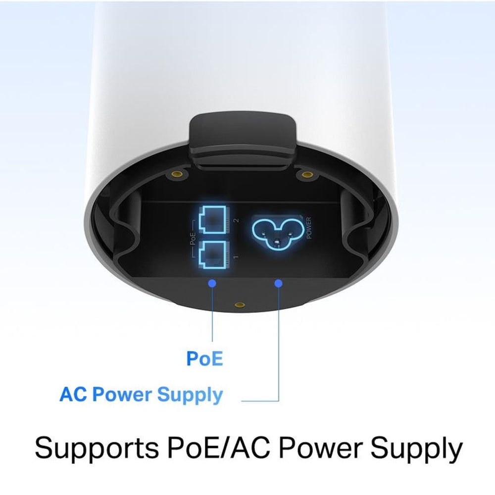 Deco outdoor mesh WiFi unit underside showing PoE and AC power supply ports