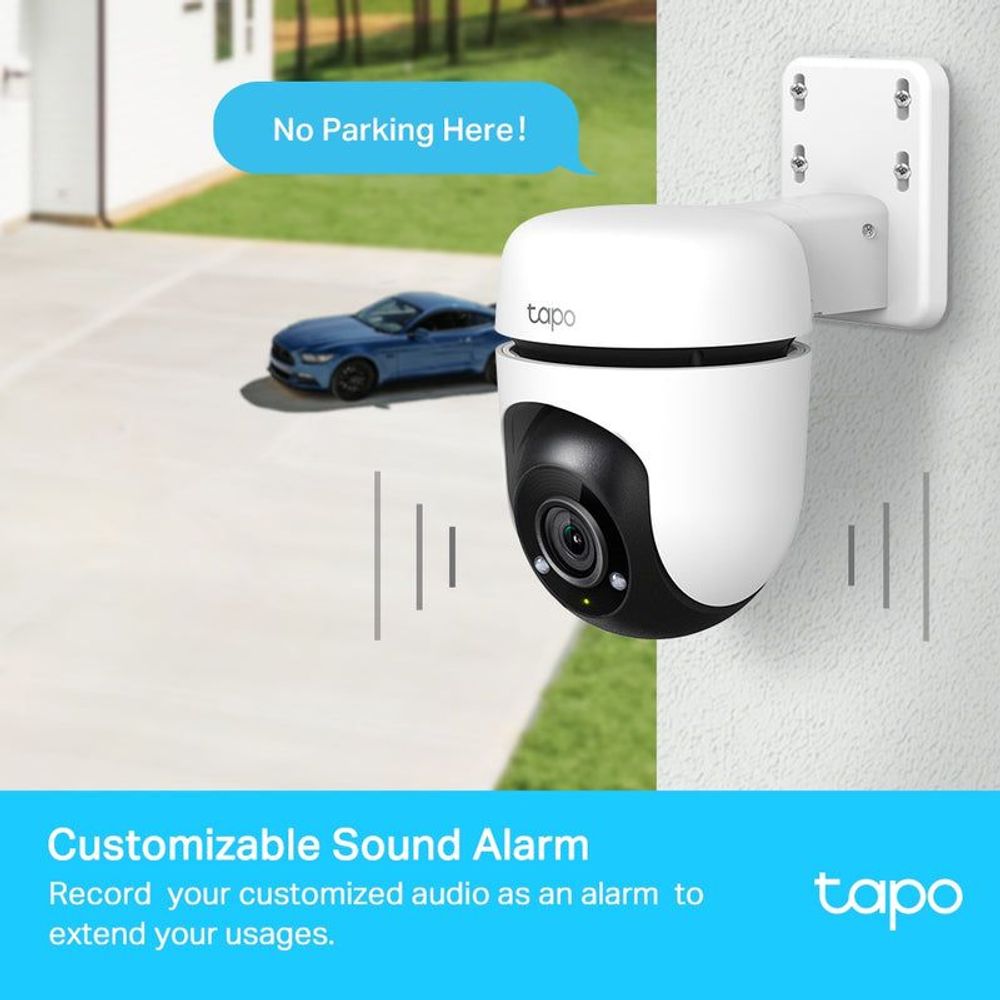 White outdoor security Wi‑Fi camera on wall with sound alarm indicators