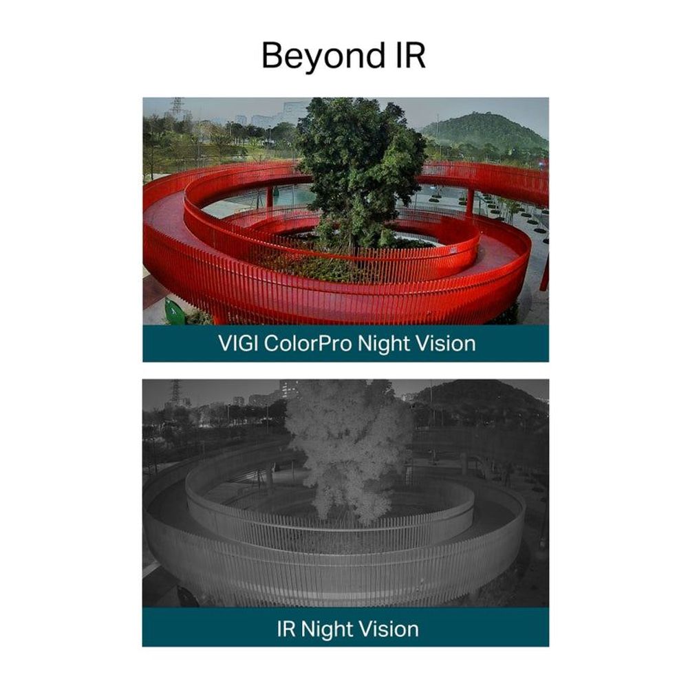 VIGI ColorPro night vision comparison graphic: red walkway vs IR night view