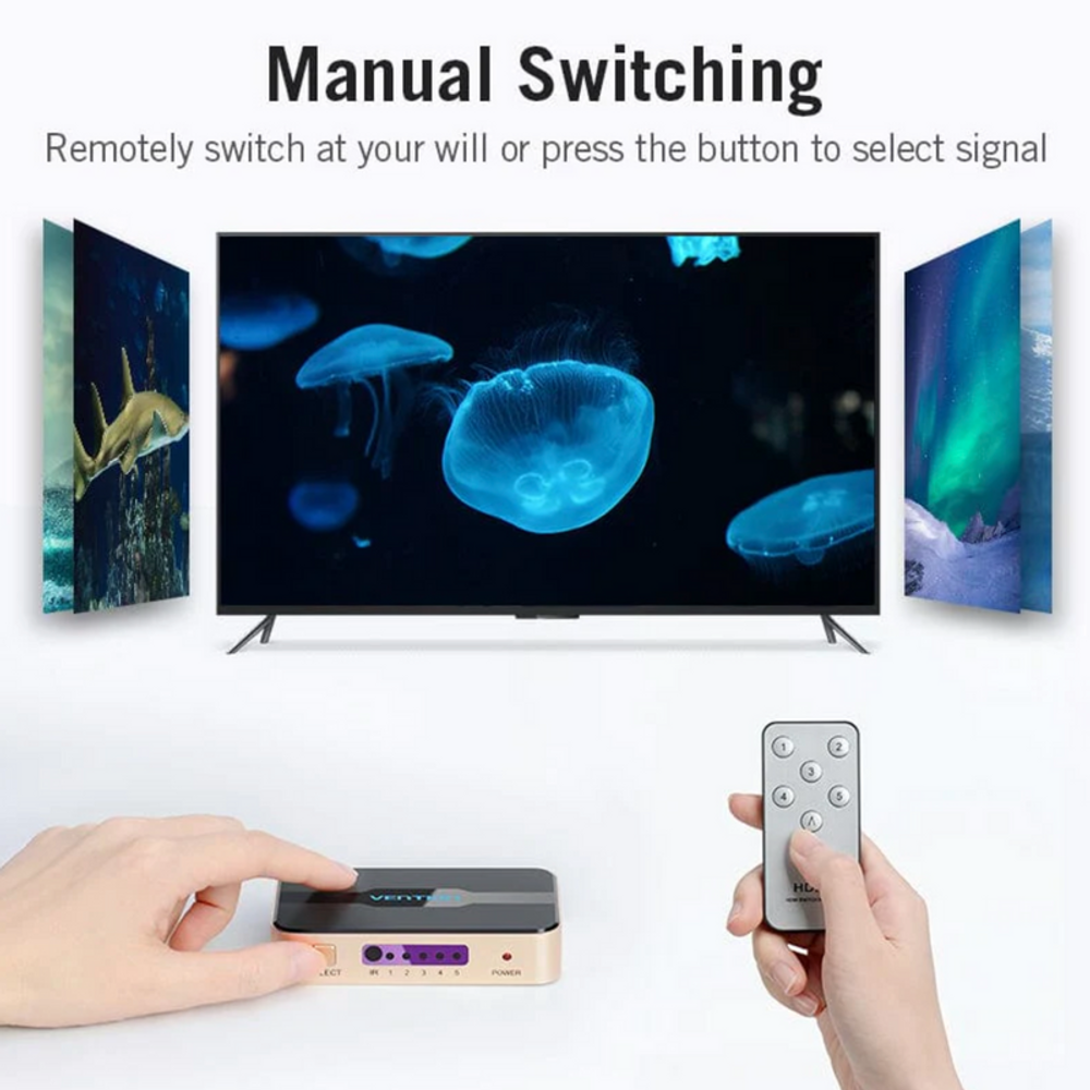 Vention HDMI switcher with manual switching, showing buttons and remote control