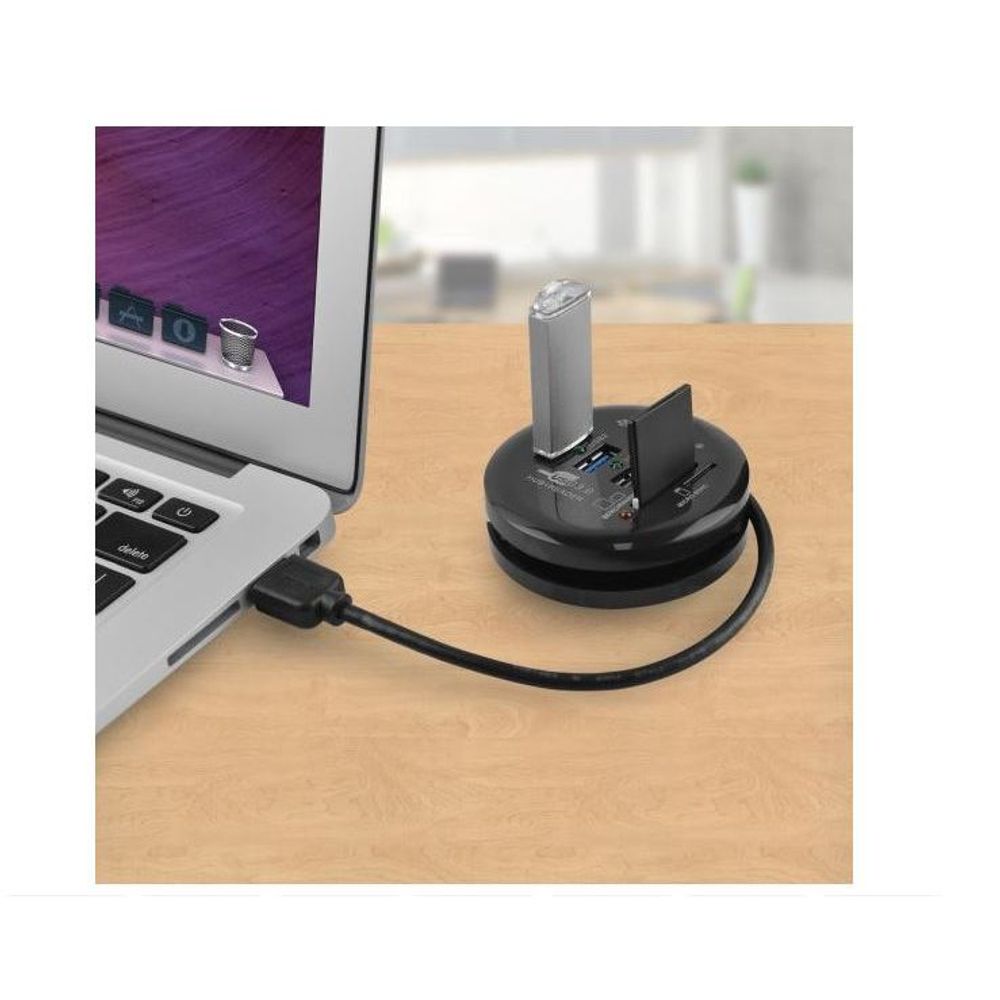 Black USB hub dock with multi-port panel and short USB cable connection