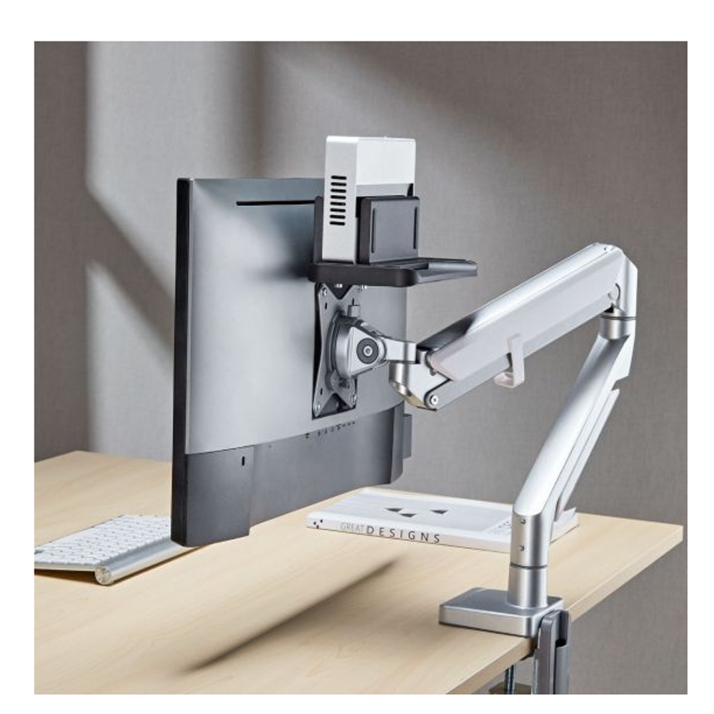 Desktop mounting system with black thin client stand and VESA-ready bracket