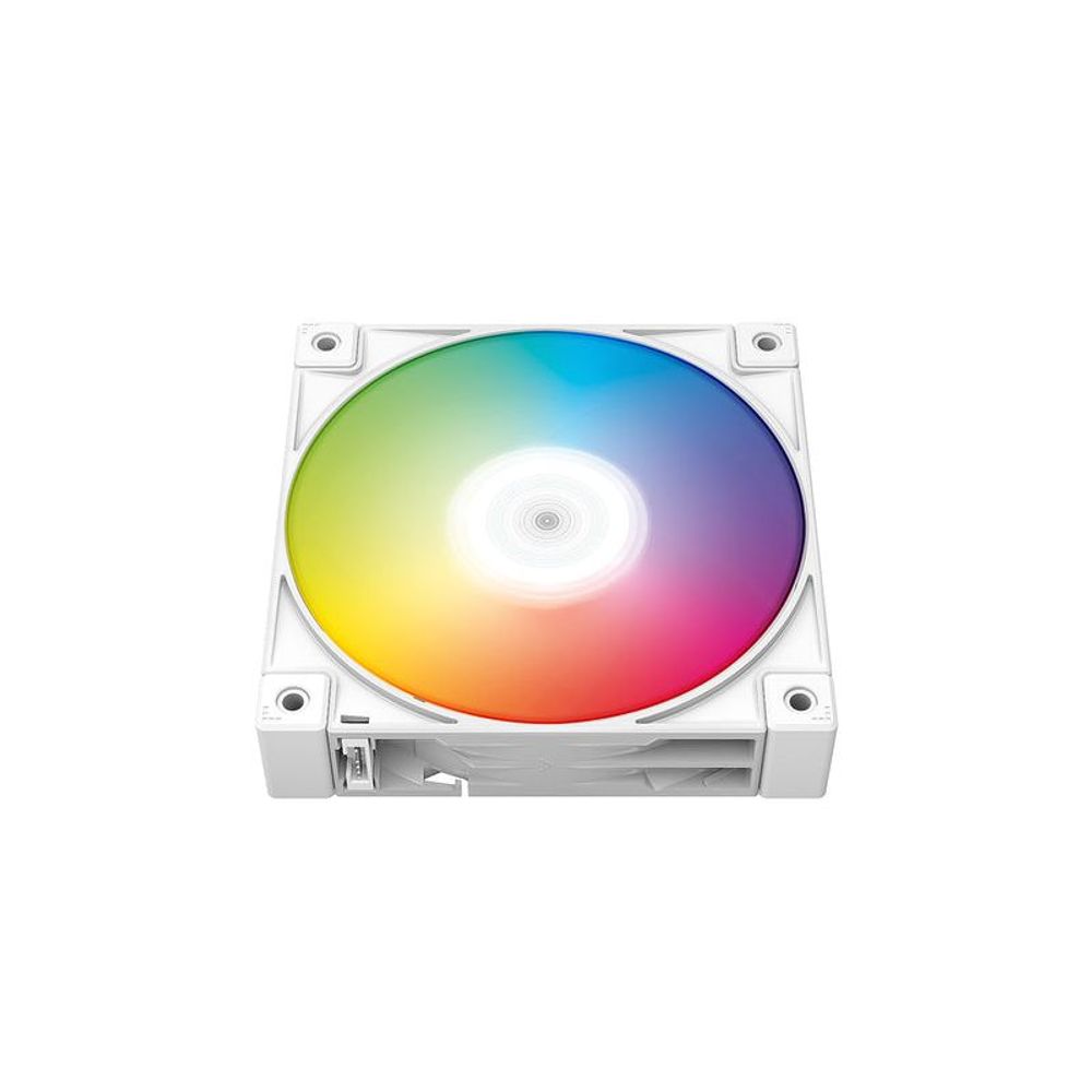 White RGB PWM 120mm case fan with rainbow LED colors, white frame (front view)