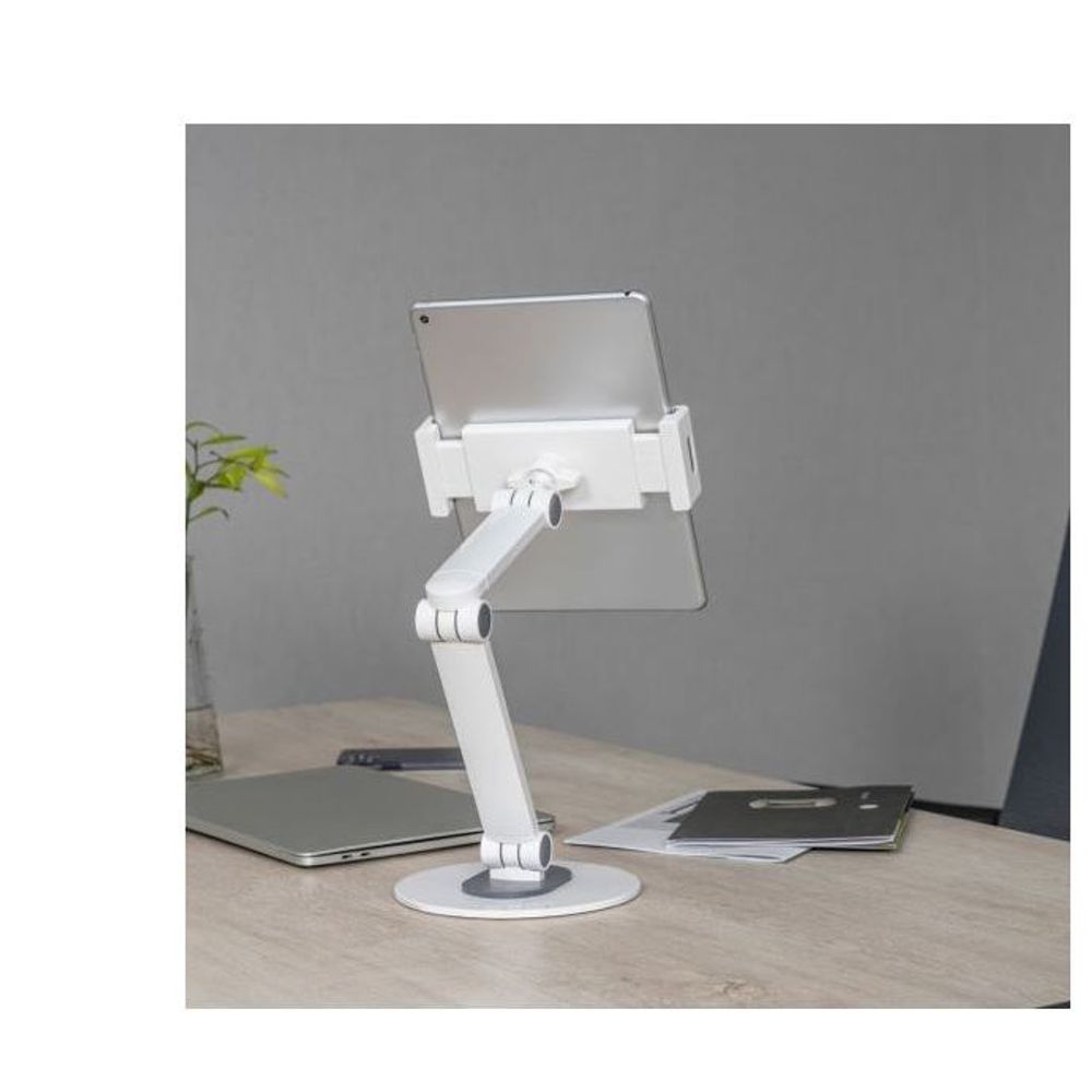 White tabletop tablet stand with cradle holding a tablet upright