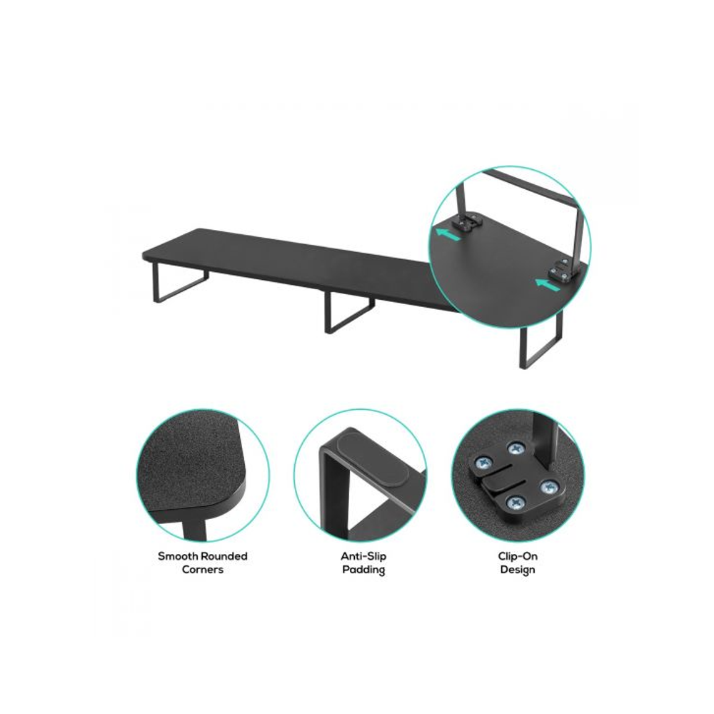 Black dual monitor riser stand with smooth rounded corners and anti-slip padding.