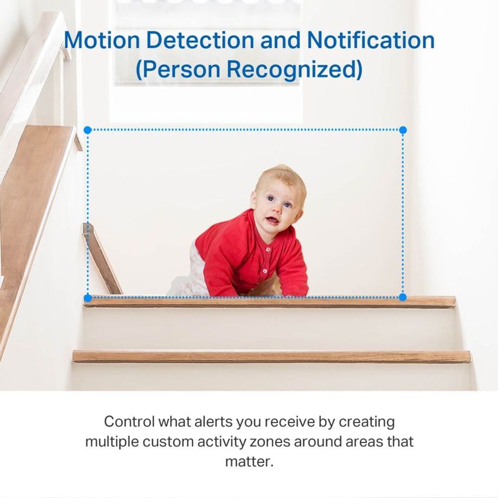 Indoor motion detection view with a baby inside a blue activity box