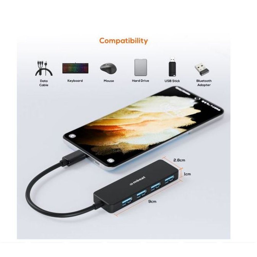 Compact black USB-C hub showing four blue ports with size diagram