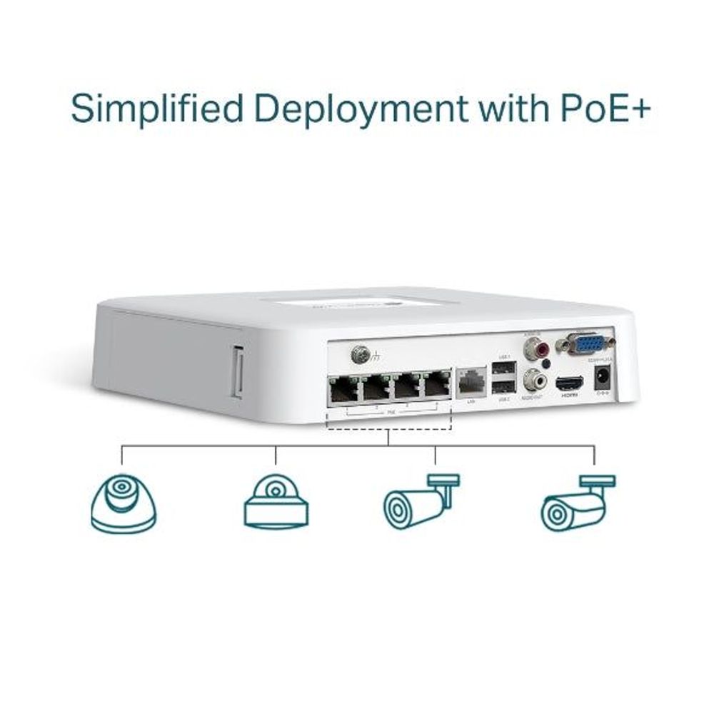 TP-Link VIGI 4-channel PoE NVR with side view of rear ports and connection icons