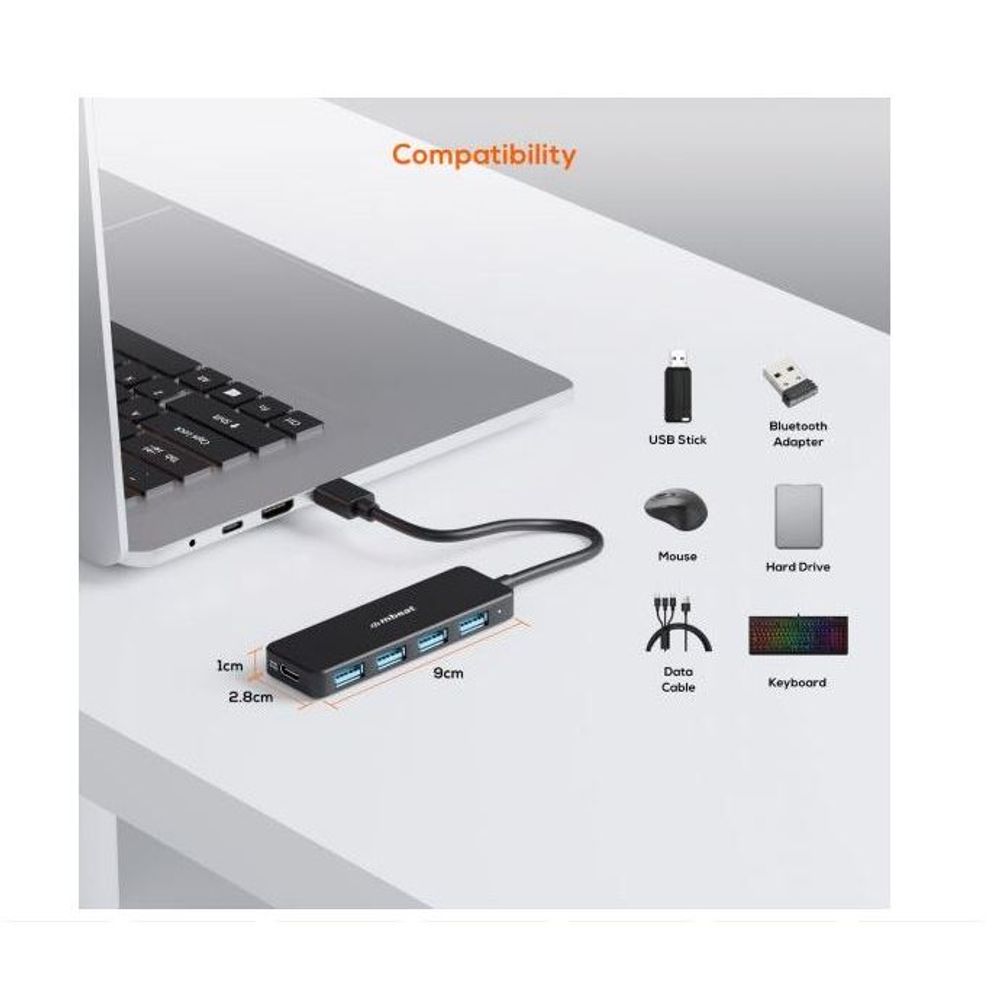USB hub with cables and ports laid out for compatibility overview