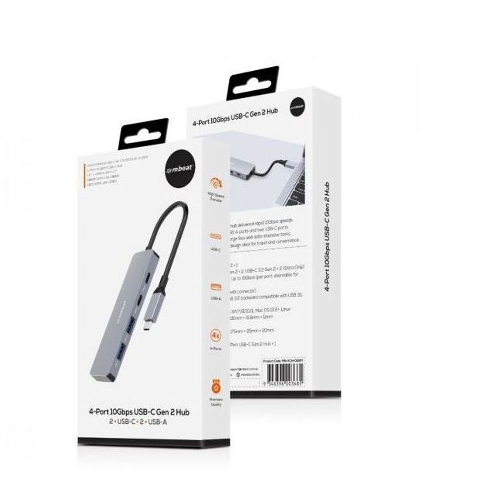 mbeat 4-port USB-C hub retail box featuring the grey hub and ports