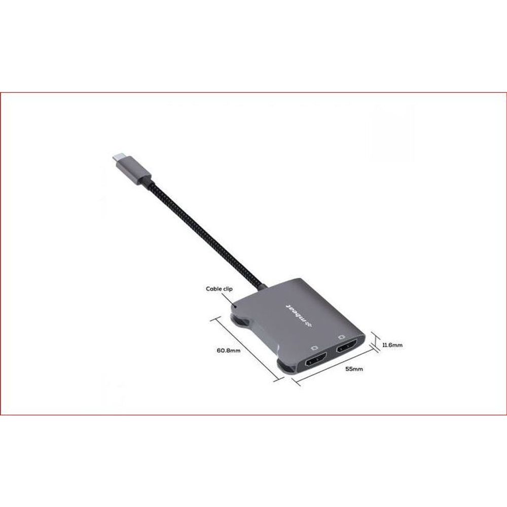 Space grey USB-C dual HDMI 4K adapter close-up with size markings and braided cable
