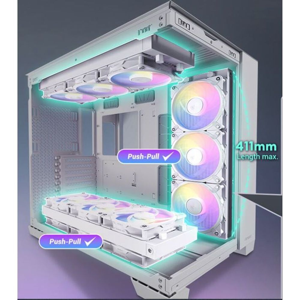 White Antec full-tower case interior with four ARGB fans and push-pull fan setup