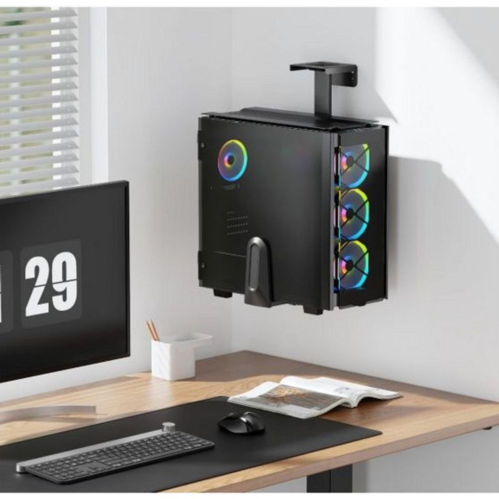 Black wall-mounted PC mount holding a tower computer with RGB cooling fans