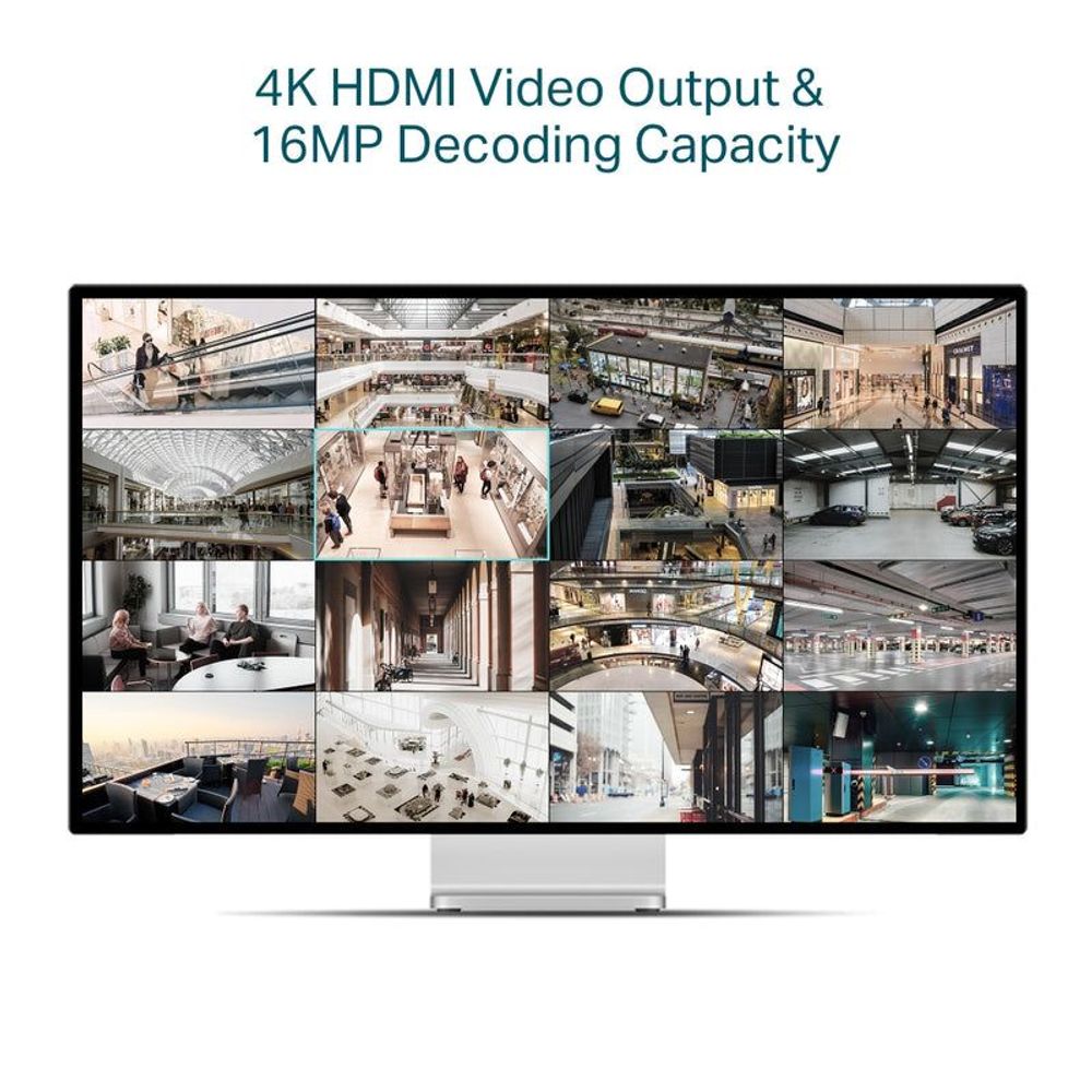 4K HDMI video output and 16MP decoding capacity feature graphic for the NVR