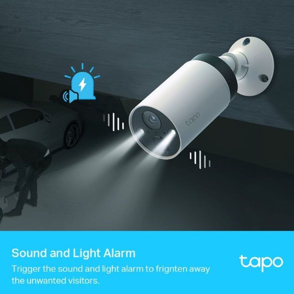 TP-Link Tapo wire-free camera with motion light and sound alarm indicator icons