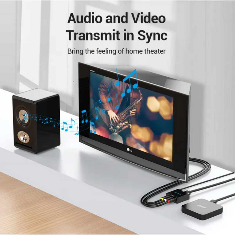 Black HDMI to RCA converter transmitting audio and video with connected cables