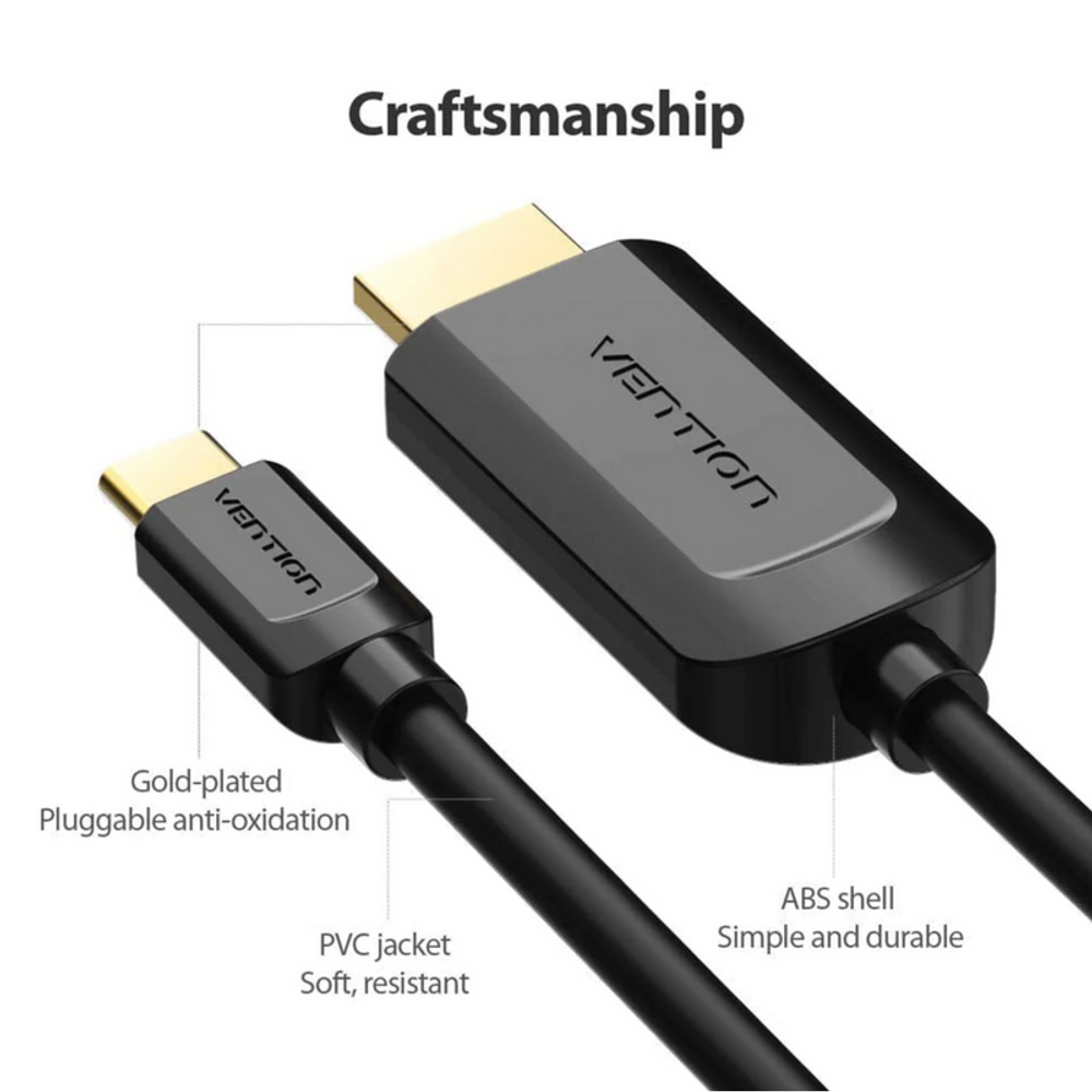 Black Type-C to HDMI cable with molded housing and gold-plated connectors