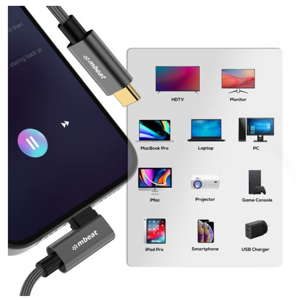 mbeat Tough Link 1.8m L-Shape USB 3.2 Gen2 USB-C Cable - Space Grey